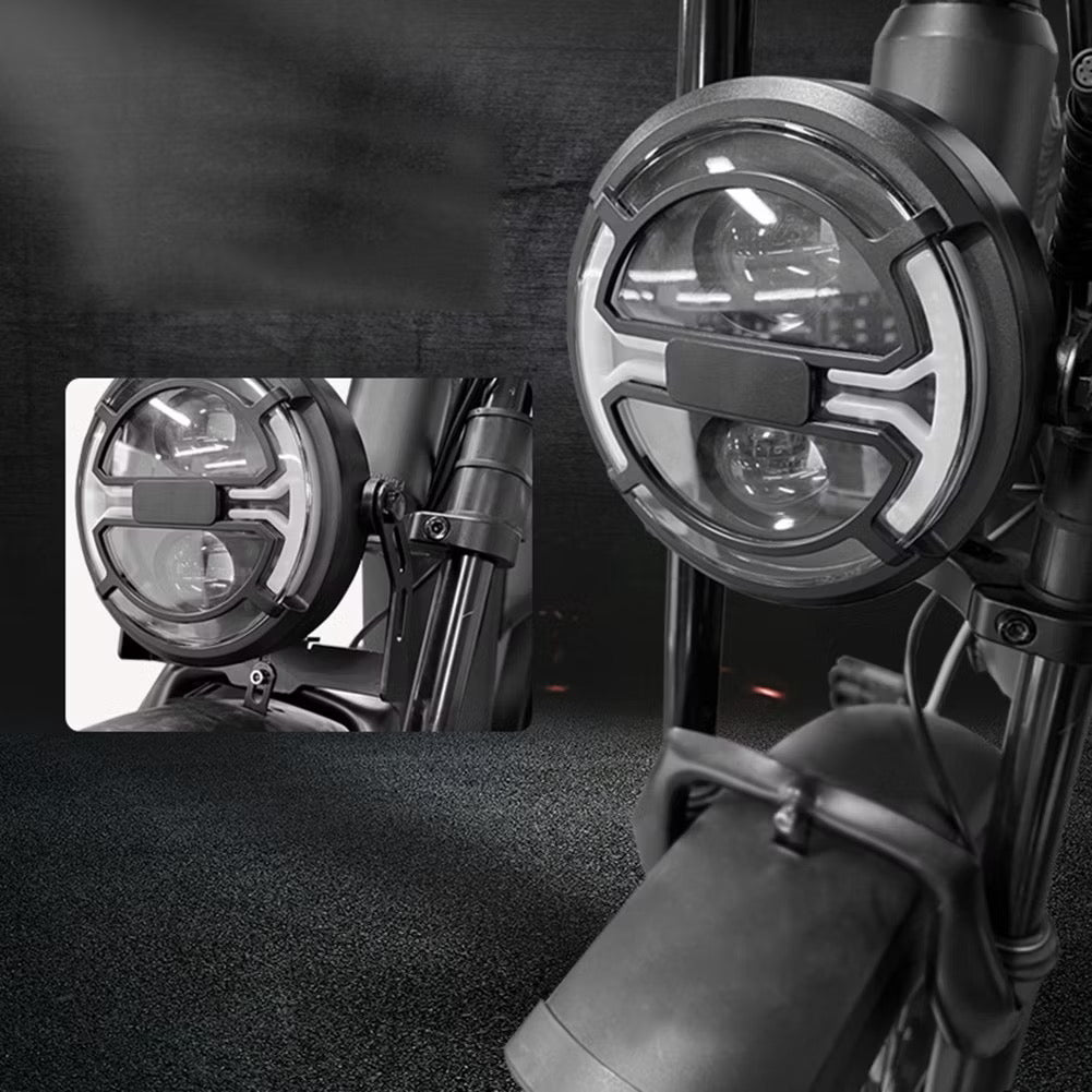 Close-up of a motorcycle style ebike headlight with inset showing light pattern