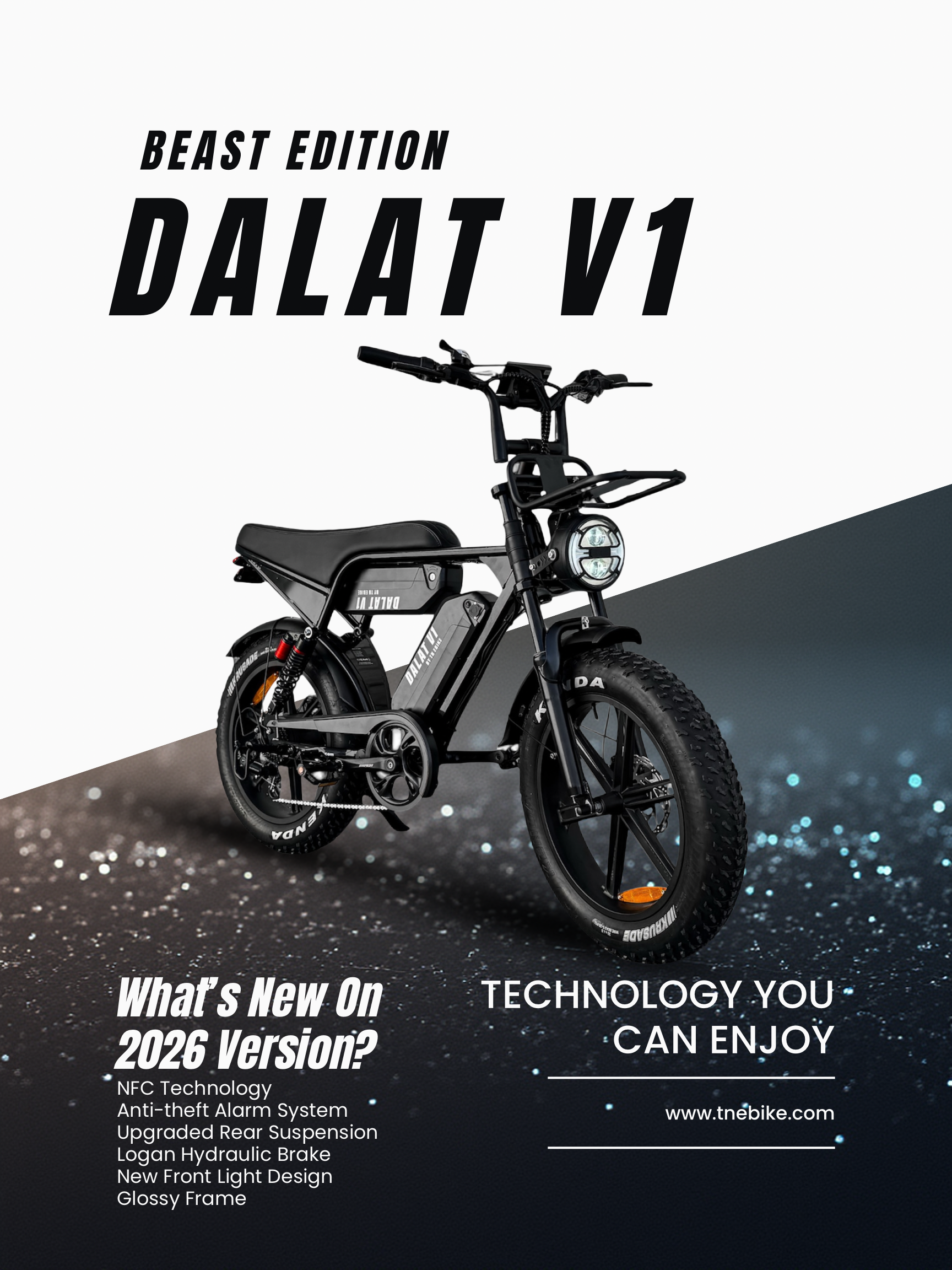 Electric bike with text about 'Beast Edition Dalat V1' and features of 2026 version on a dark background