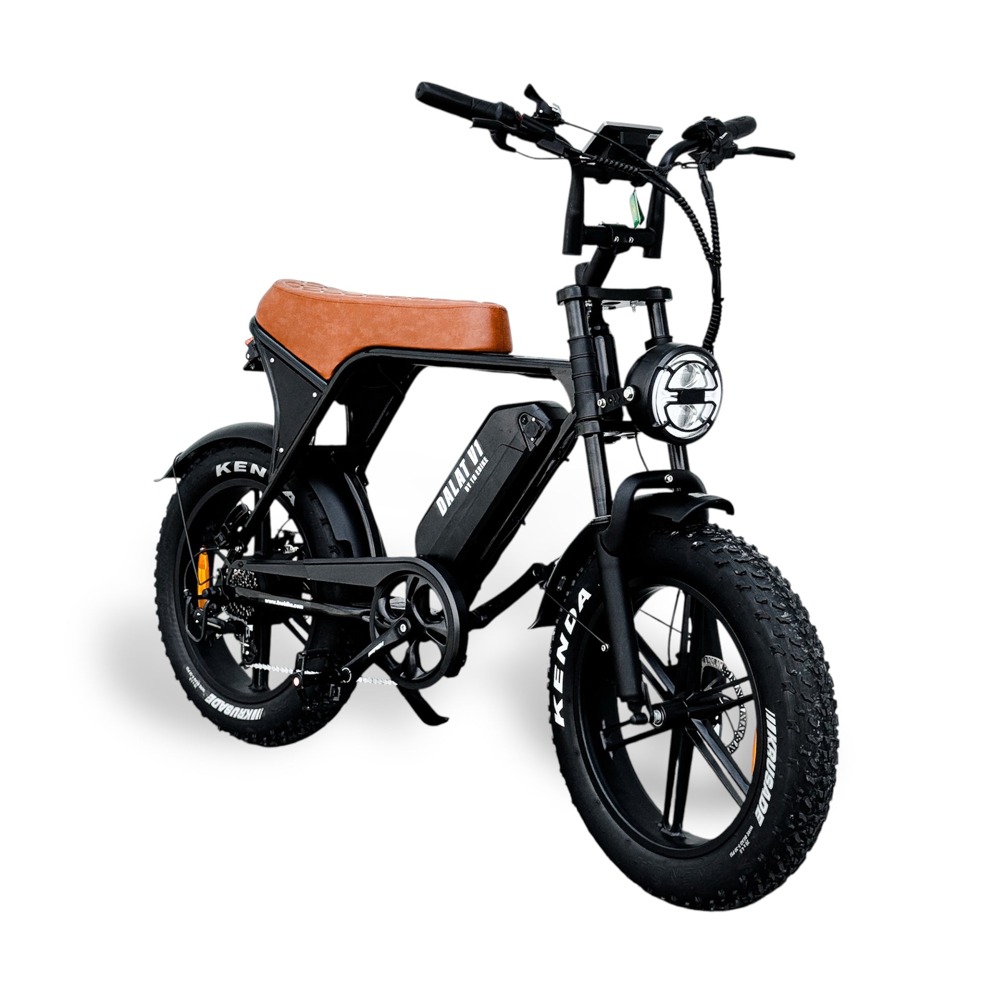 Black moped-style electric bike with a brown seat on a white background