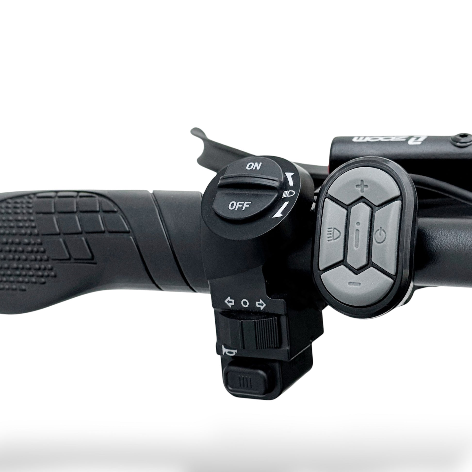 Close-up of a Ebike handlebar control unit with buttons and switch on a white background