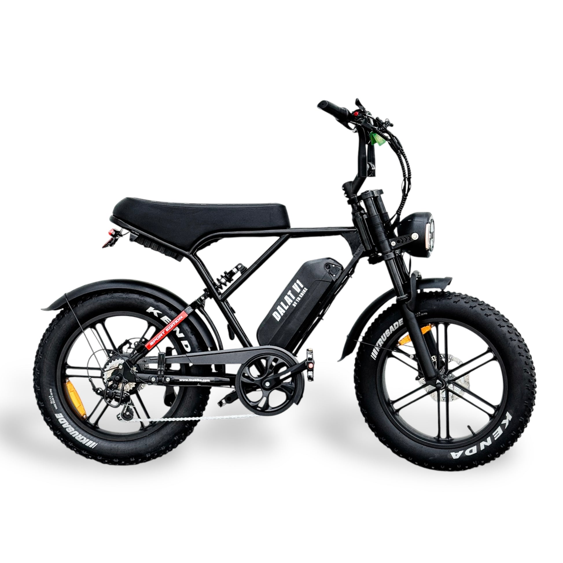 glossy black electric bike with visible branding Dalat V1 Sport Edition 2026 on a white background