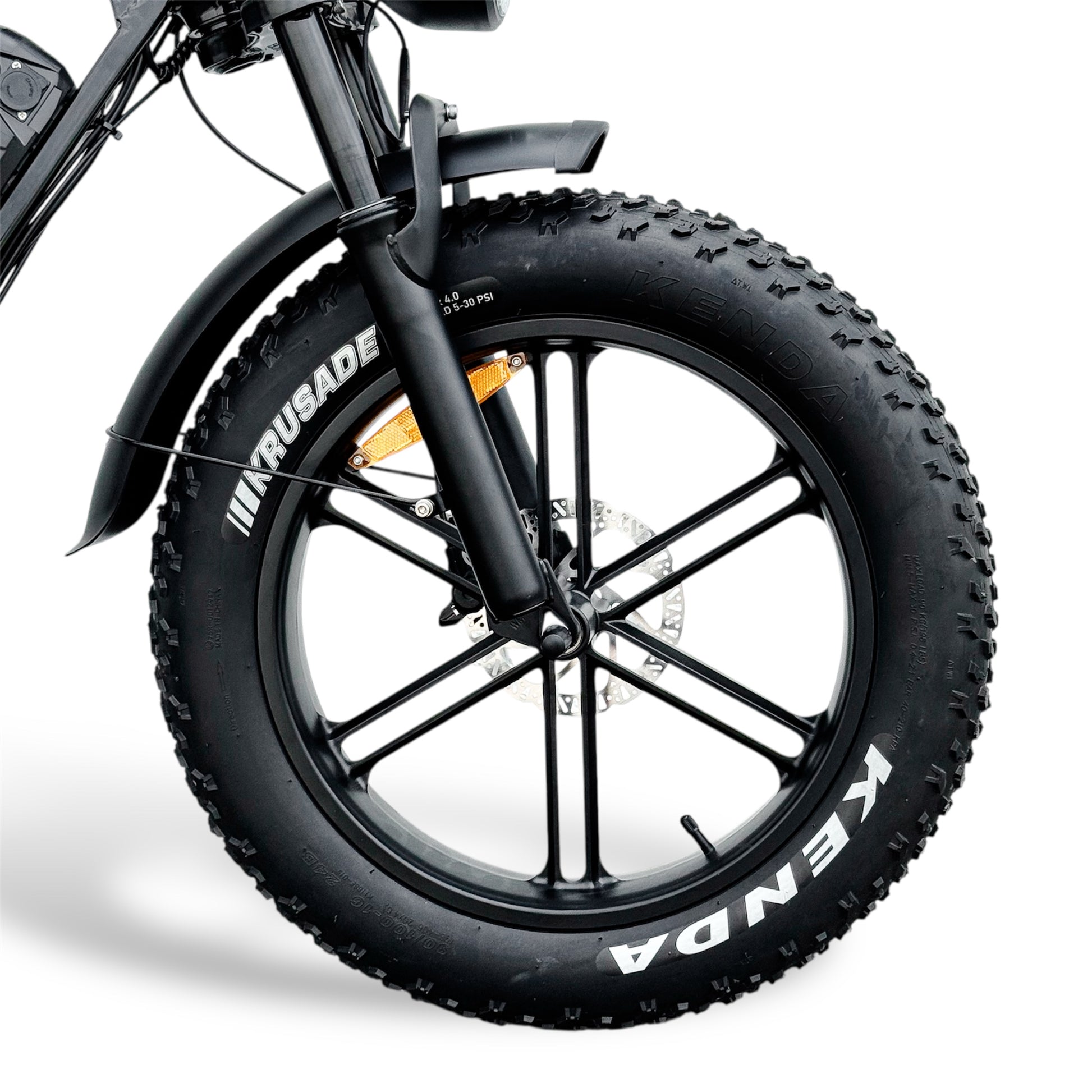 Close-up of a Dalat V1 Ebike wheel with Kenda tire on a white background