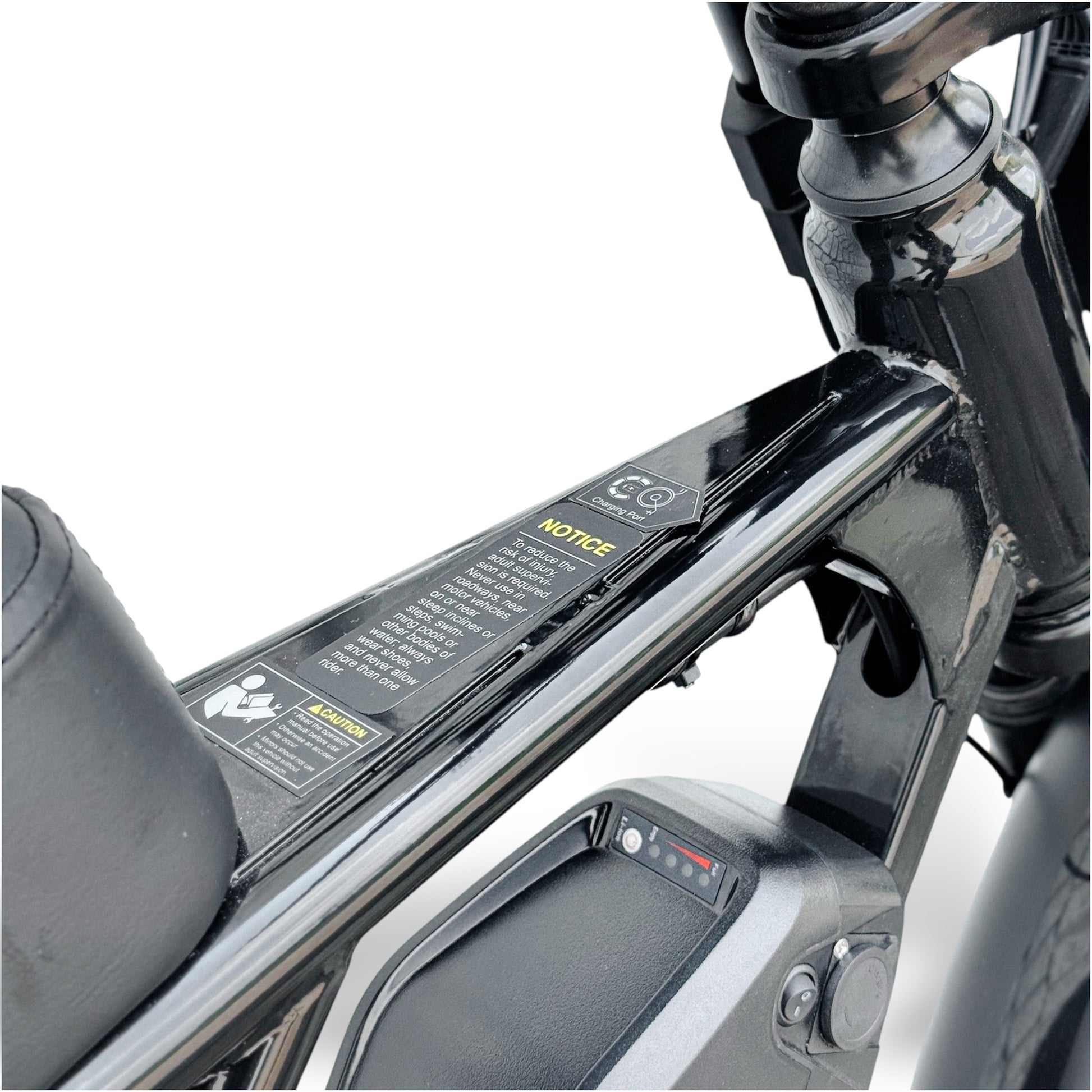 Close-up of a Ebike frame with a glossy black frame