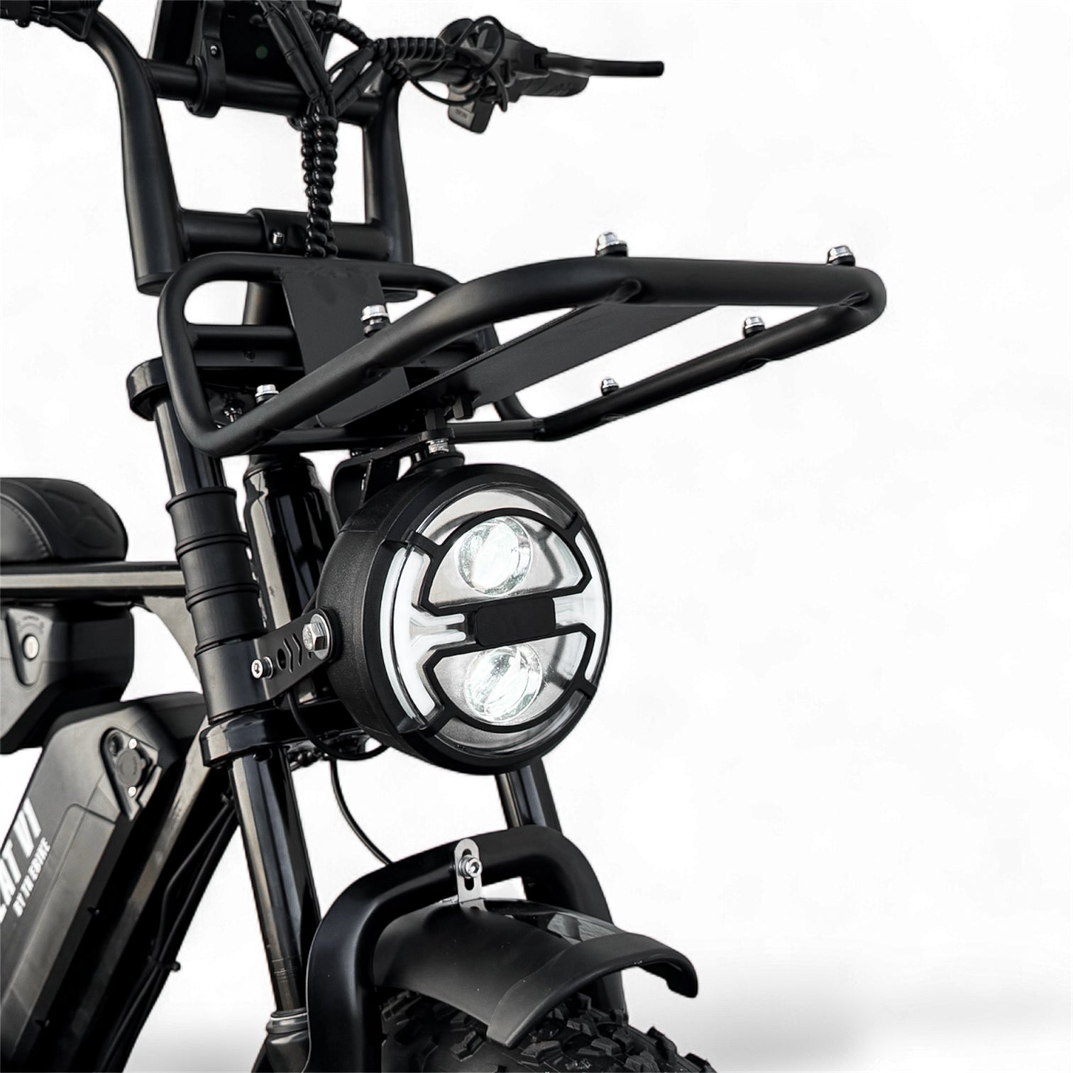 Close-up of a Dalat V1 Beast Edition electric bike 2026 headlight with a white background