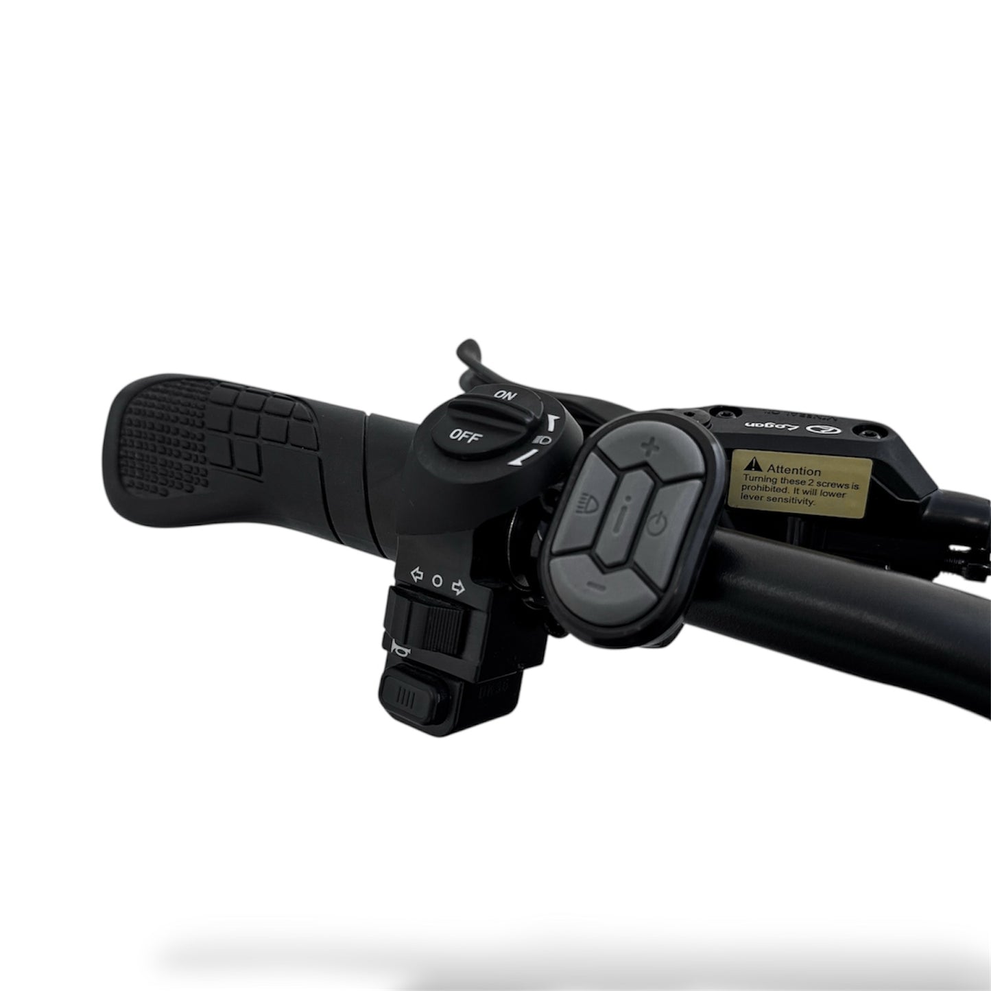 Close-up of a black Ebike handlebar with control buttons on a white background