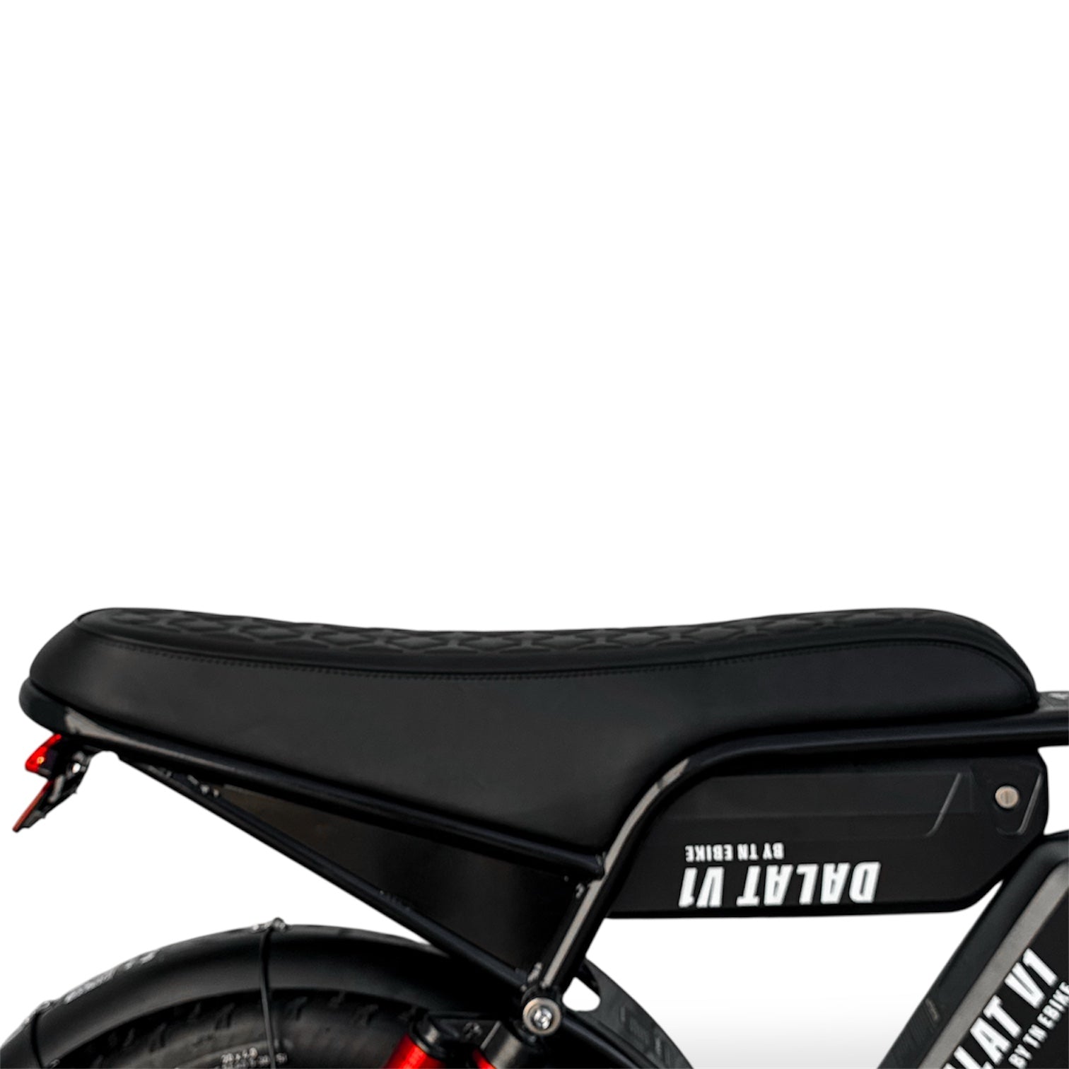Black banana style Ebike seat with visible branding on a white background