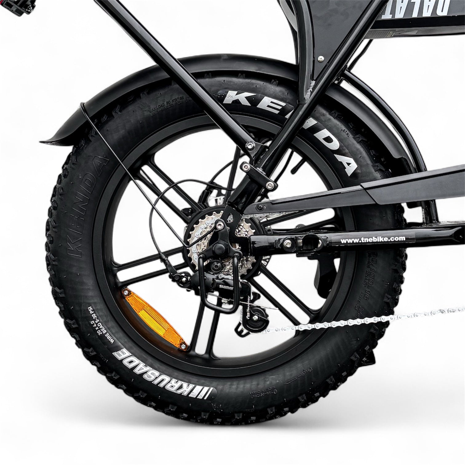 Close-up of a Dalat V1 Dual Battery Edition 2026 Rear Motor with Kenda tires on a white background
