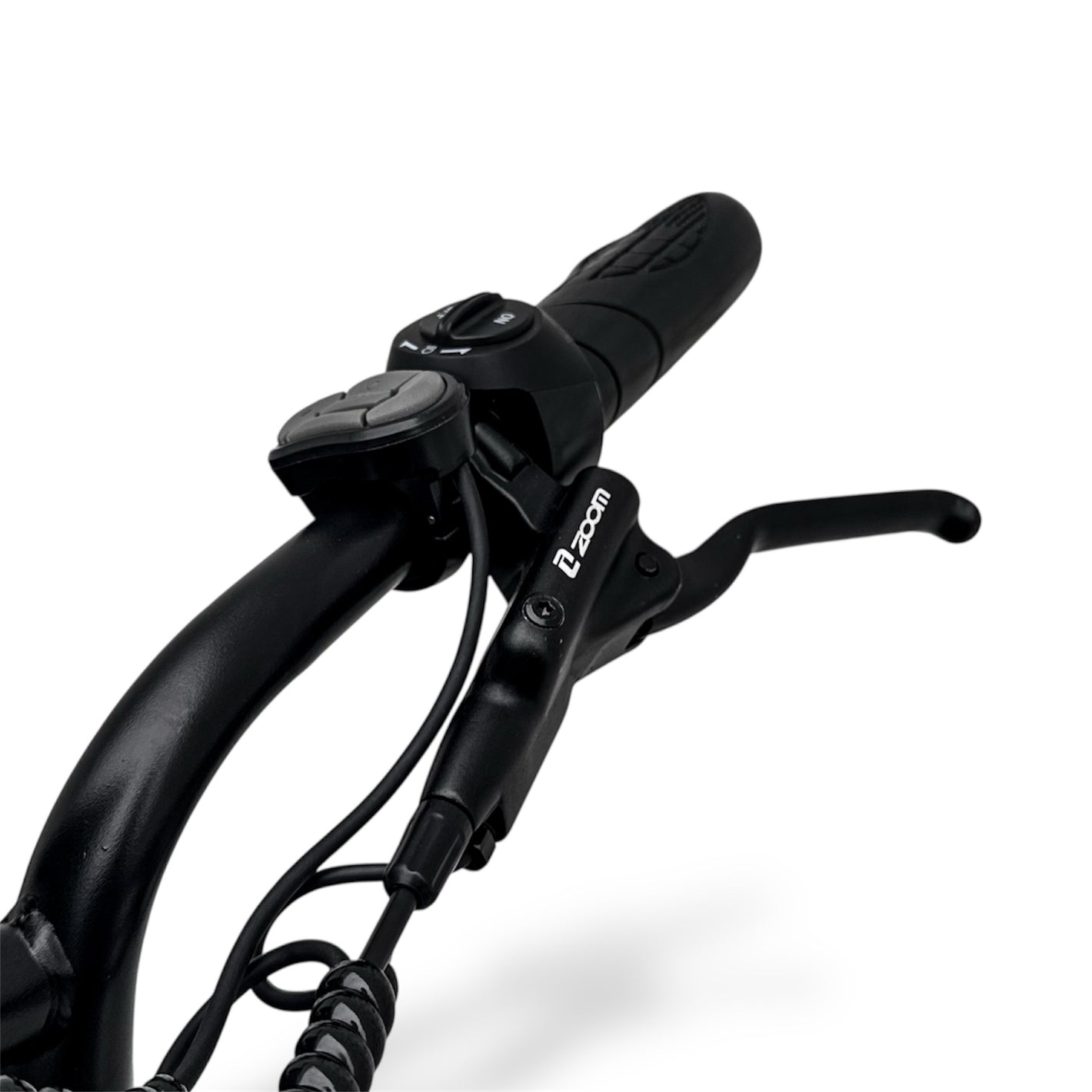 Close-up of Dalat V1's handlebar with hydraulic brake levers on a white background