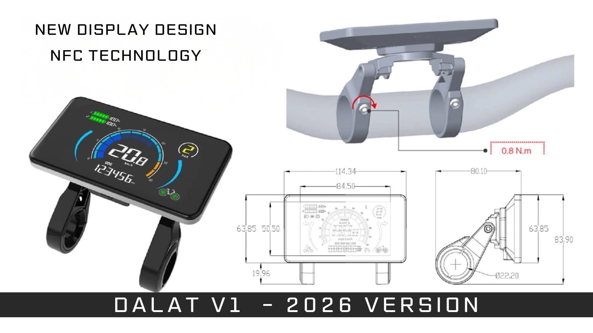 Dalat V1 Electric Bike display unit with digital screen, bracket, and technical drawings on a white background.
