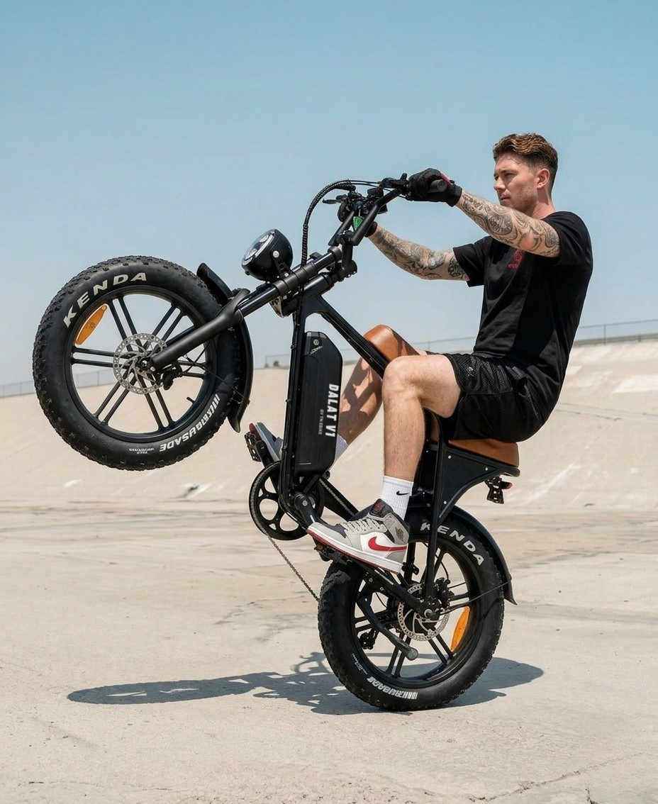Person doing a wheelie on a black electric bike with fat Kenda tires in an open area. Retro Style Ebike