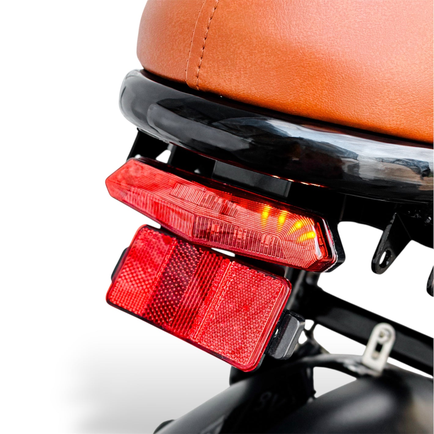 Ebike tail light and reflector on a white background with signal light