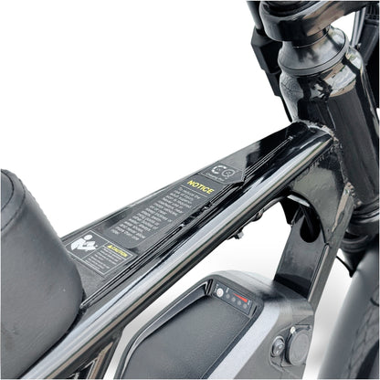 Close-up of a Ebike frame with a glossy black frame 