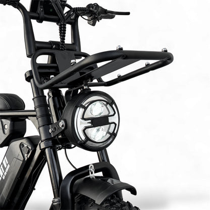 Close-up of a Dalat V1 Beast Edition electric bike 2026 headlight with a white background