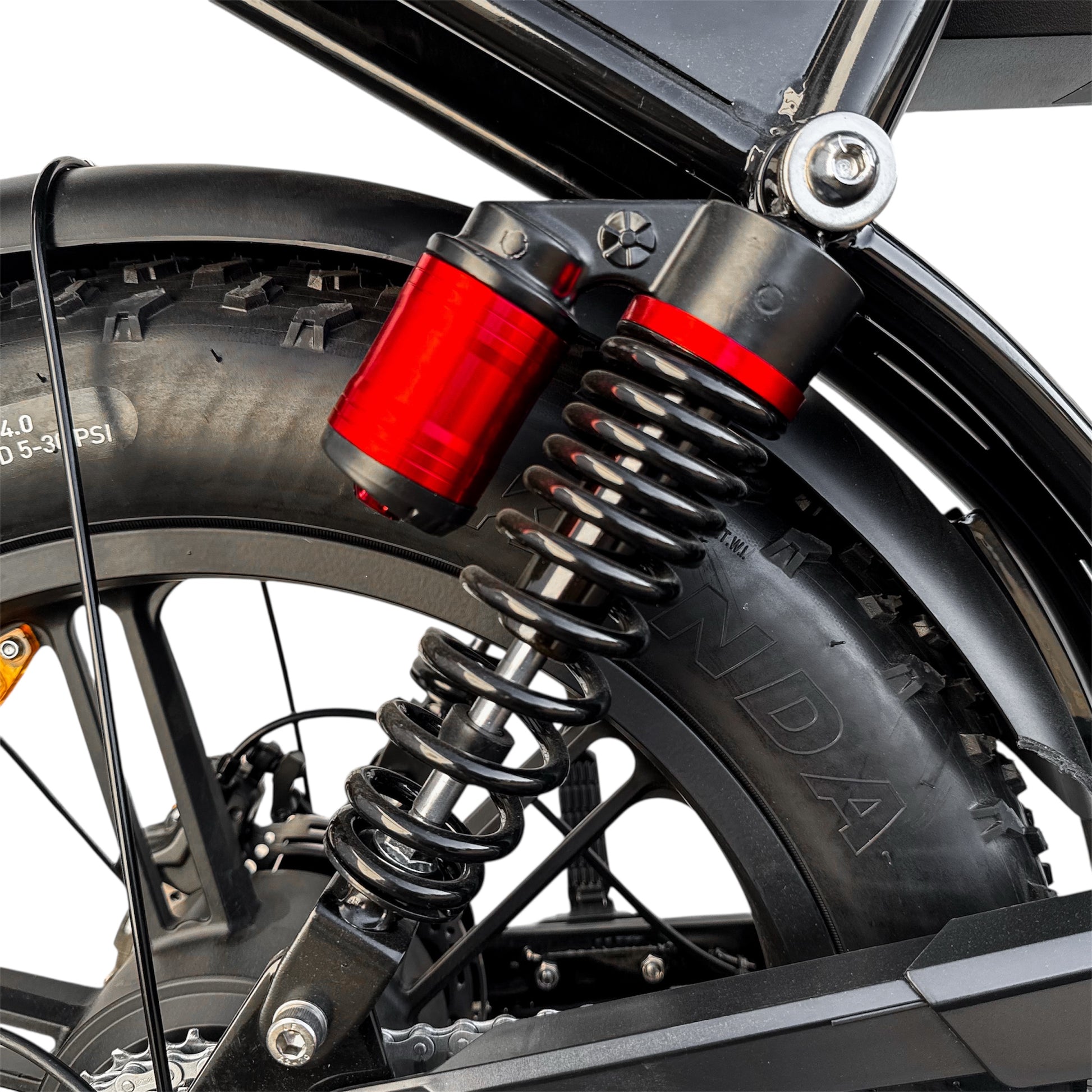 Close-up of Dalat V1 Beast Edition electric bike 2026 premium suspension system  on a white background