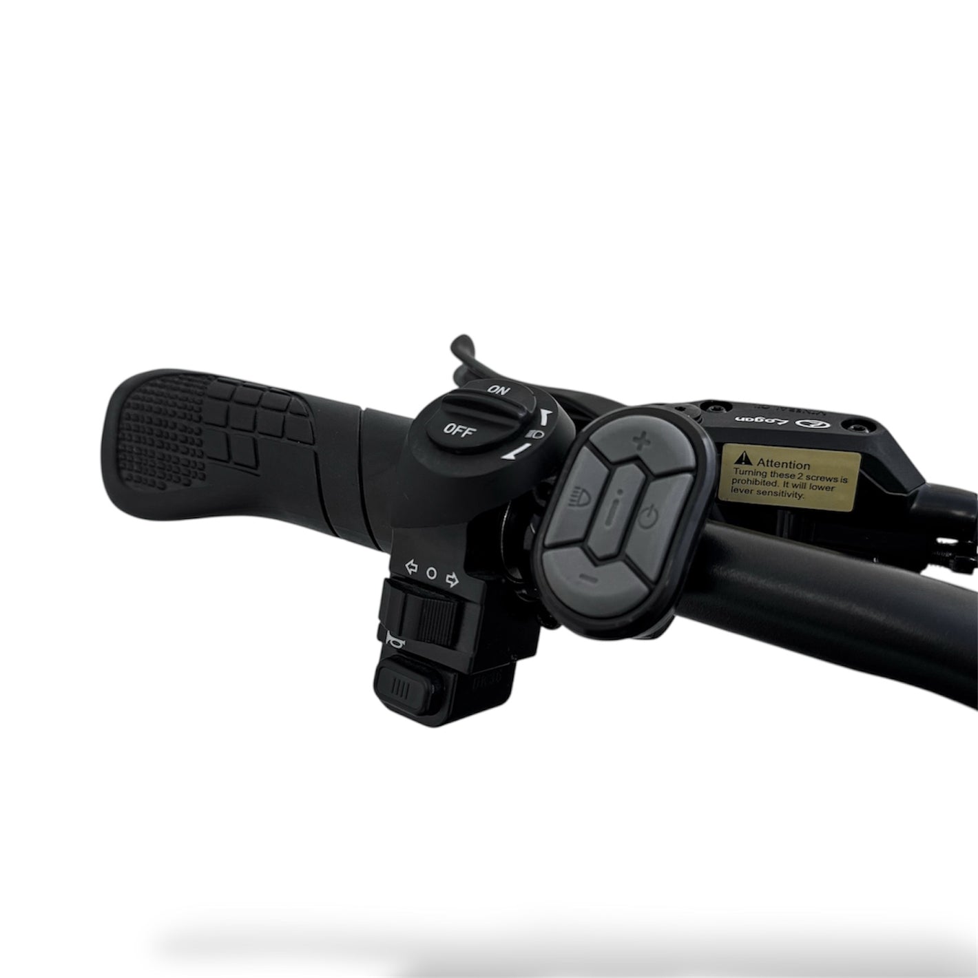 Close-up of a black Ebike handlebar with control buttons on a white background