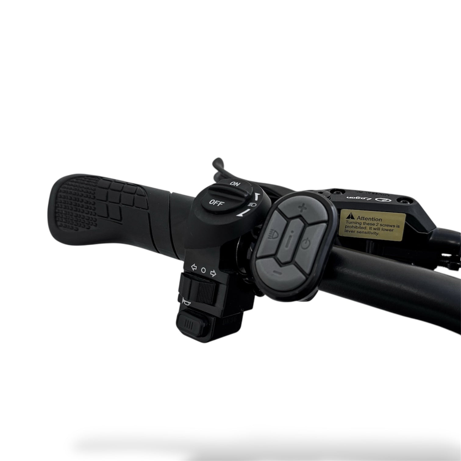 Close-up of a black Ebike handlebar with control buttons on a white background