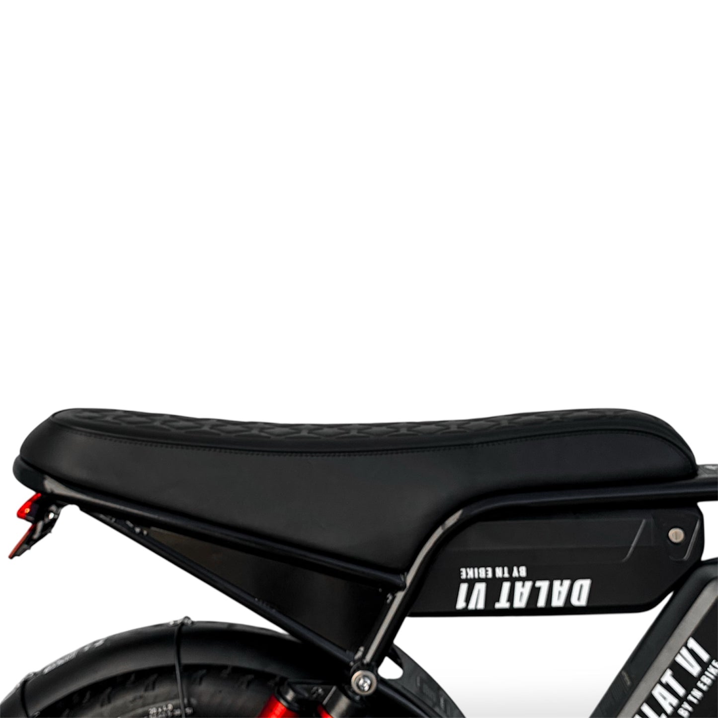 Black banana style Ebike seat with visible branding on a white background