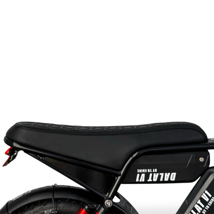 Black banana style Ebike seat with visible branding on a white background