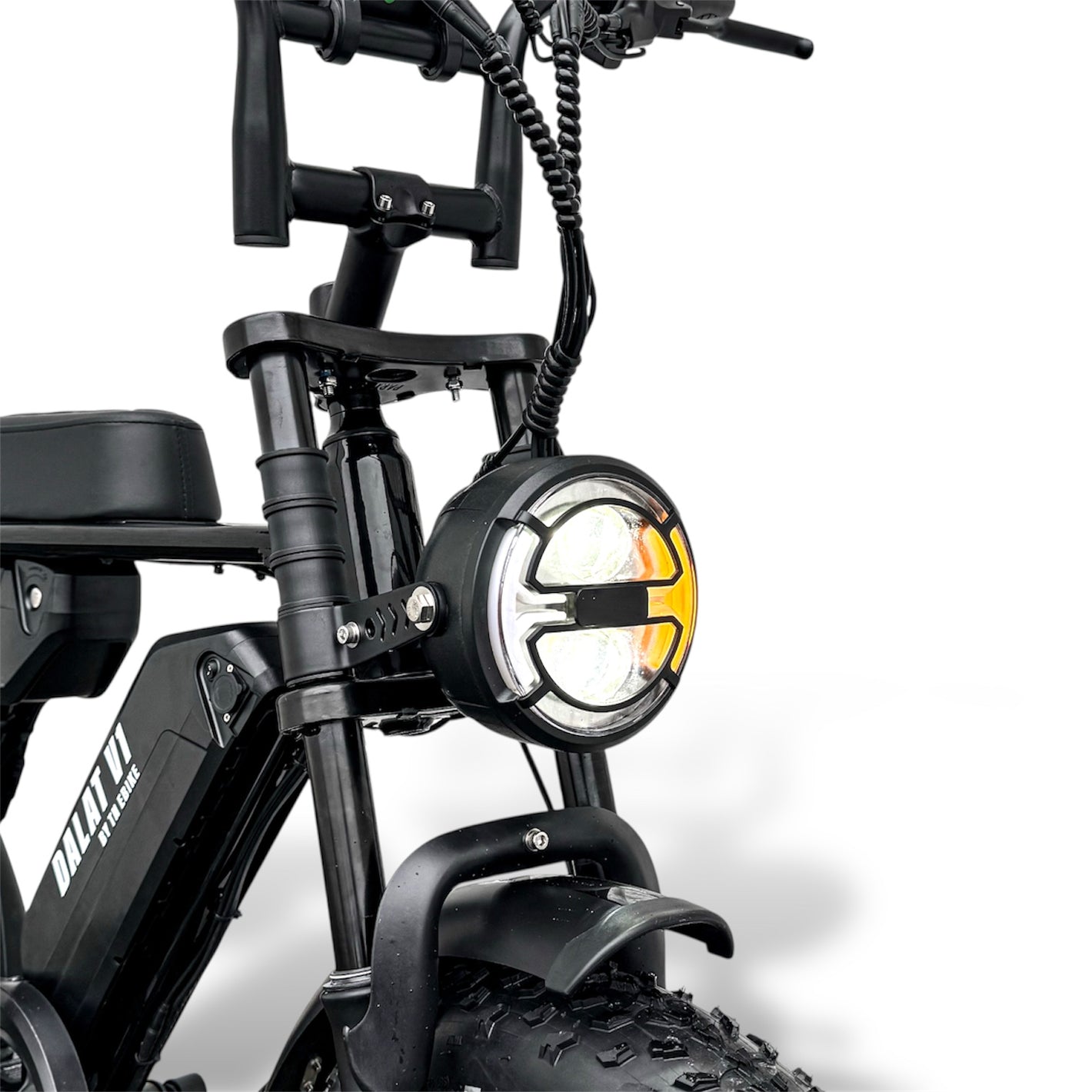 Close-up of a black electric bike with a headlight on a white background - Dalat V1 Dual Battery Edition