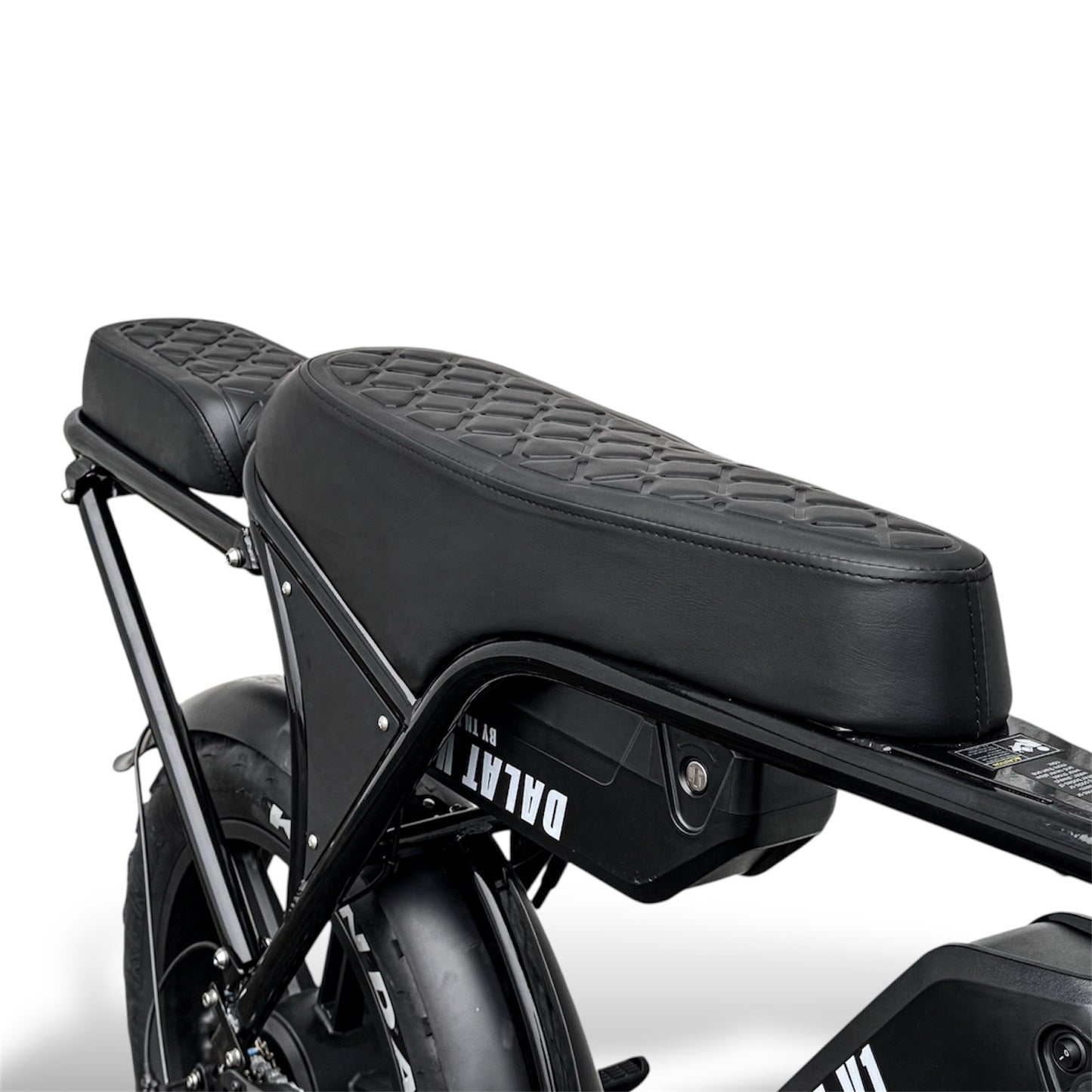 Close-up of a black Ebike long seat with 'Dalat V1' branding on a white background