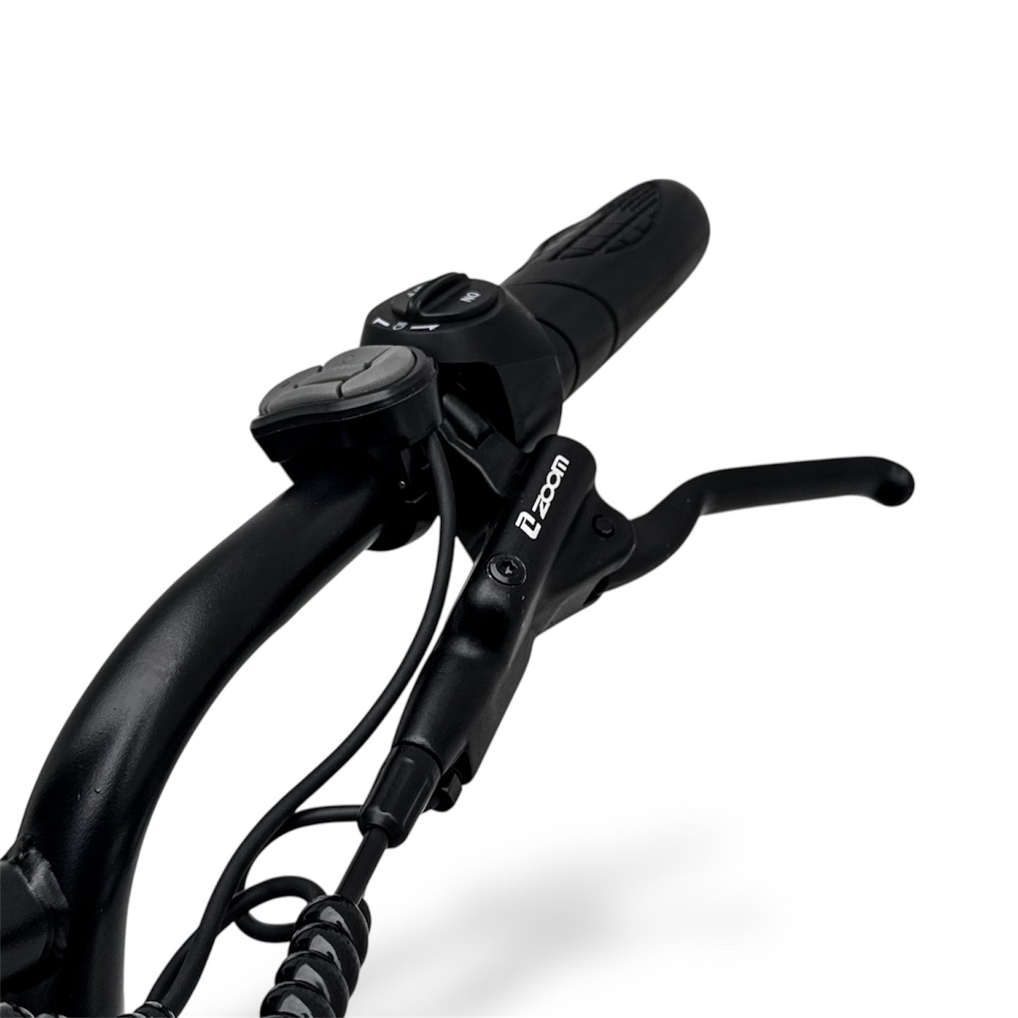 Close-up of Dalat V1's handlebar with hydraulic brake levers on a white background