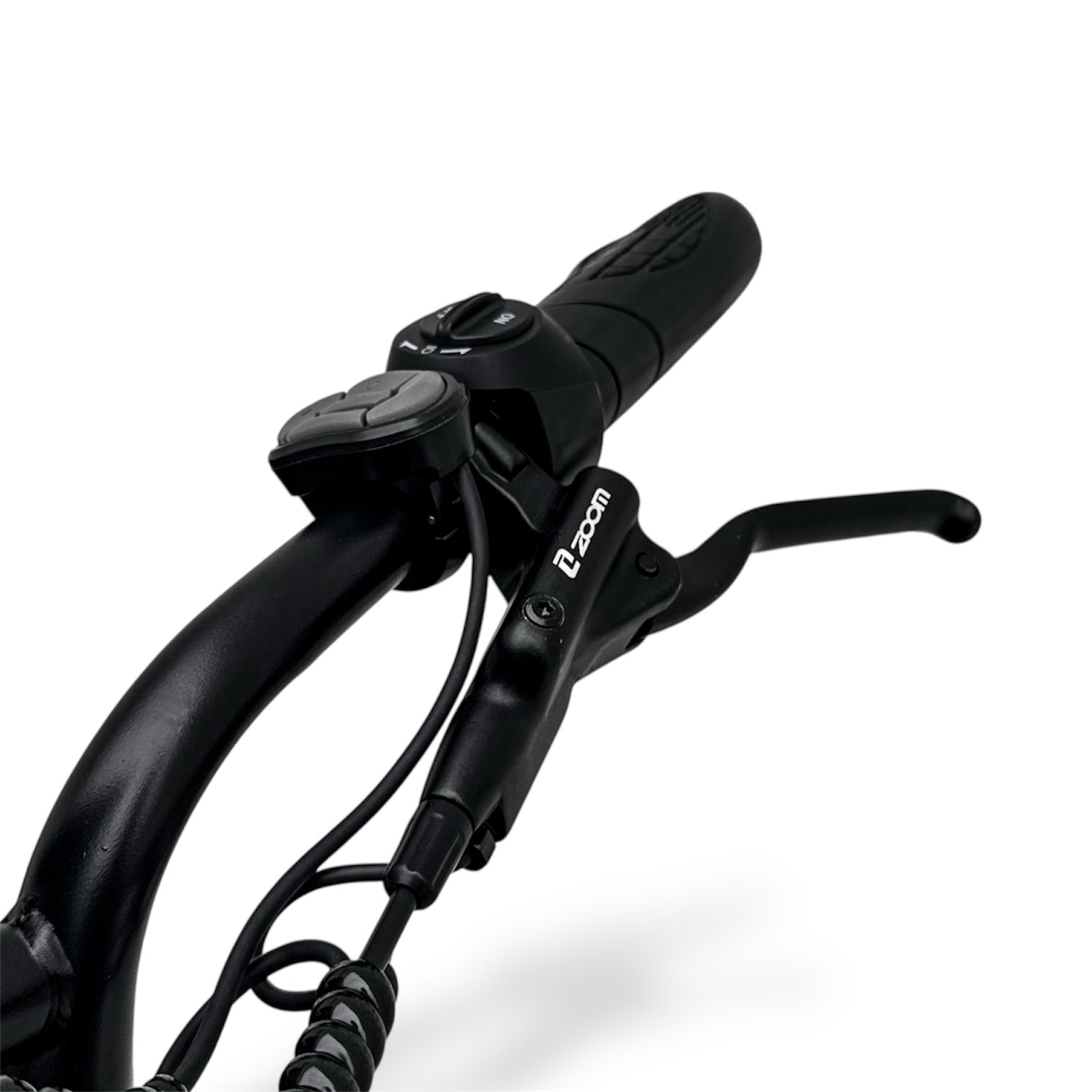 Close-up of Dalat V1's handlebar with hydraulic brake levers on a white background