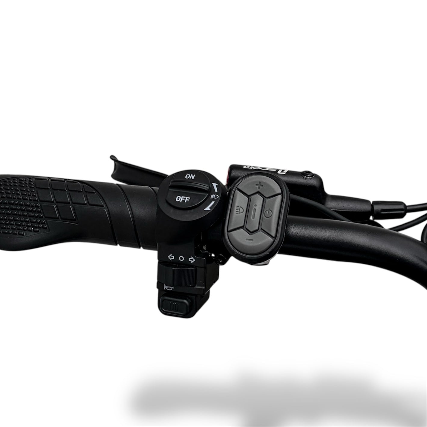 Close-up of a Ebike handlebar with control buttons on a white background