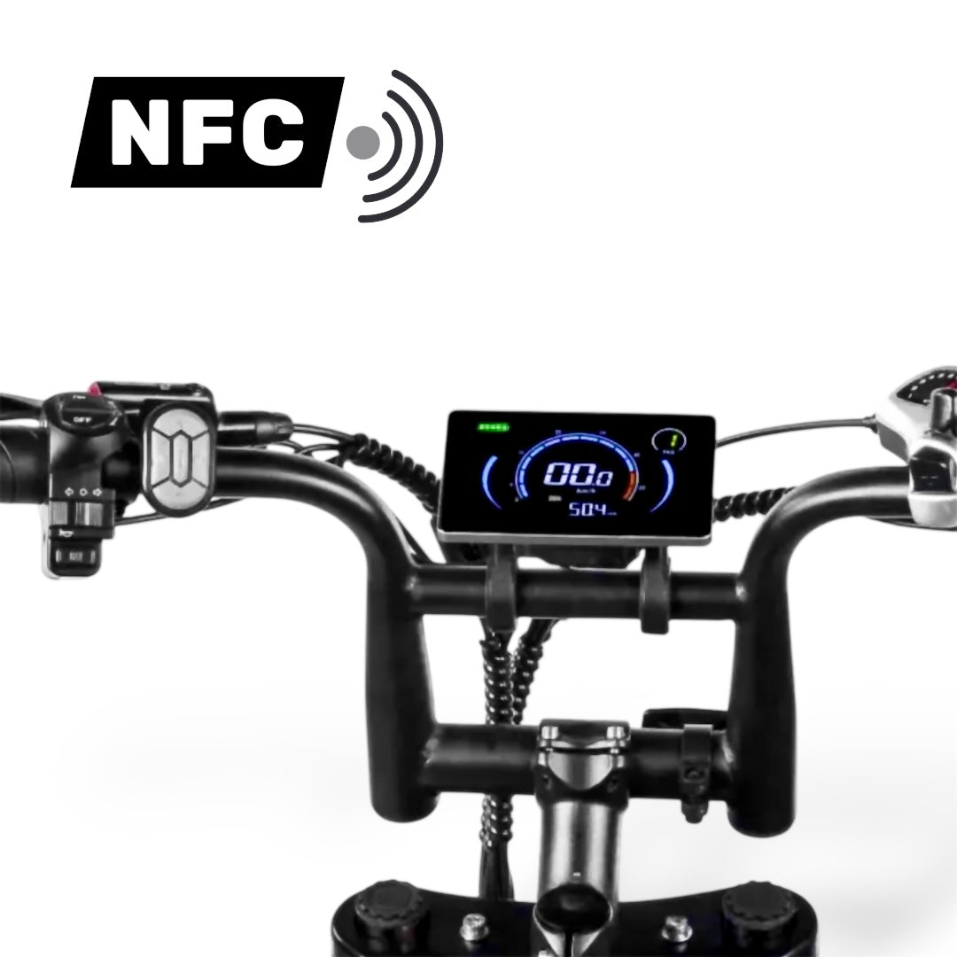 Dalat V1 Ebike's handlebar with big colourful digital display and NFC icon on a white background