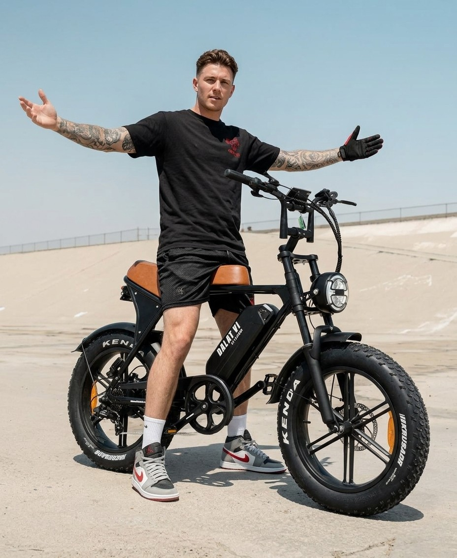 Man posing with a black fat tire electric bike with brown leather seat on a clear day. It is moped style and cafe-racer style electric bike from TN Ebike Canada - Dalat V1
